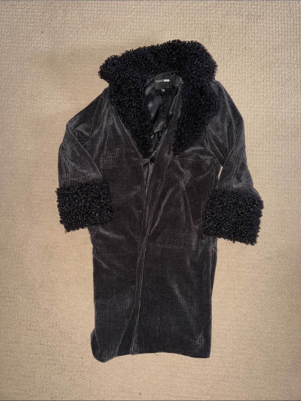 Fashion Nova Black Long Coat with Faux-Shearling Collar & Cuffs